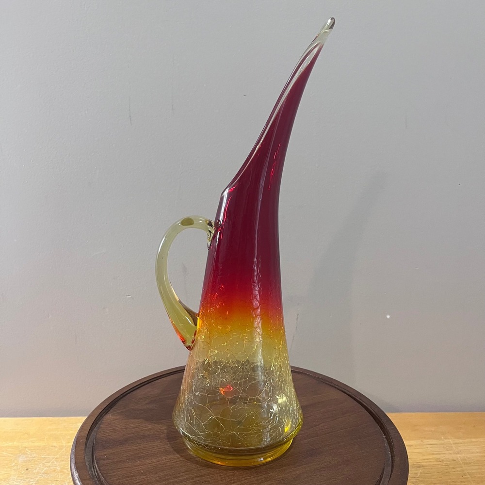 Vtg Kanawha Glass Amberina Crackle Pitcher UV Glow Mid Century Modern Red Yellow